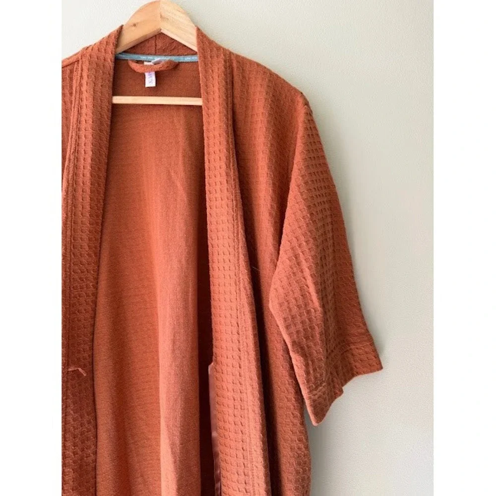 Waffle Knit Joy Women L Rust Orange Robe Open Front Textured Pockets Lounger - Picture 3 of 9